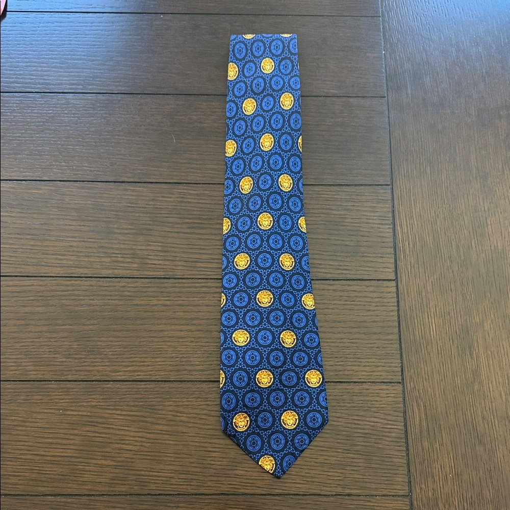 Gianni Versace Vintage Blue with Gold Medusa Print Silk Tie